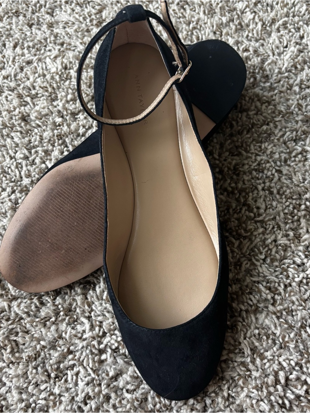 Ann Taylor Black Suede Ankle-Strap Flats black suede sz 9